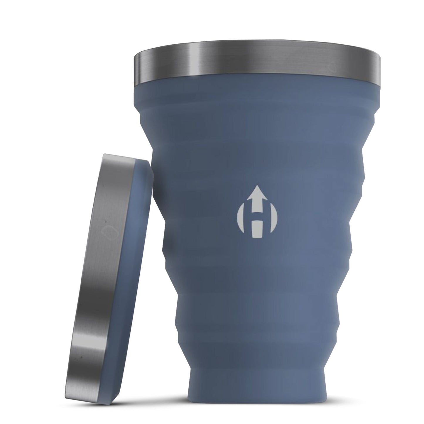 HYDAWAY 16oz collapsible pint cup in Twilight color, shown expanded with lid propped beside it