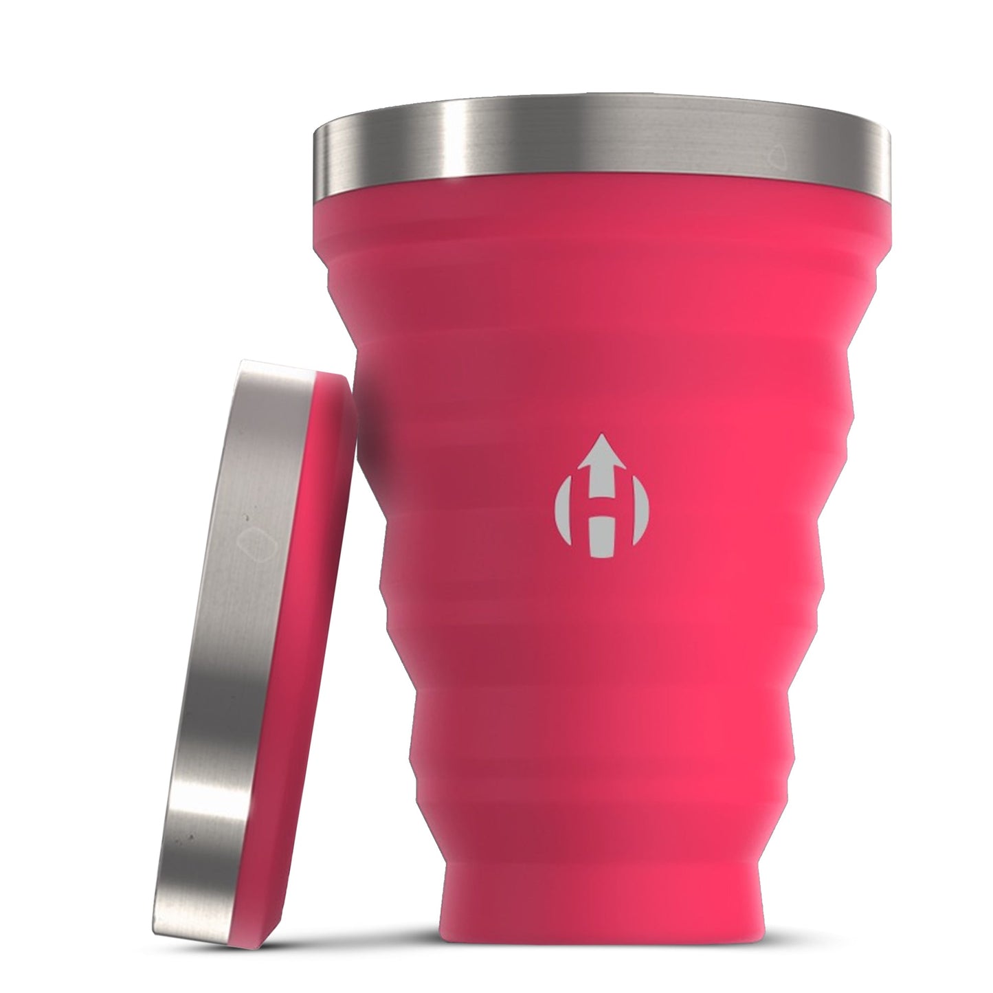 HYDAWAY 16oz collapsible pint cup in Raspberry color, shown expanded with lid propped beside it