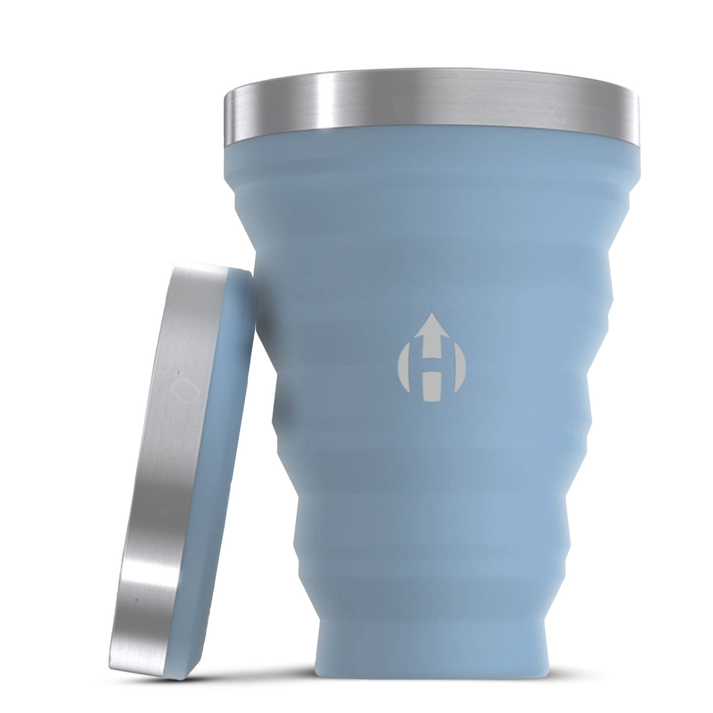 HYDAWAY 16oz collapsible pint cup in Blue Ice color, shown expanded with lid resting upright beside it