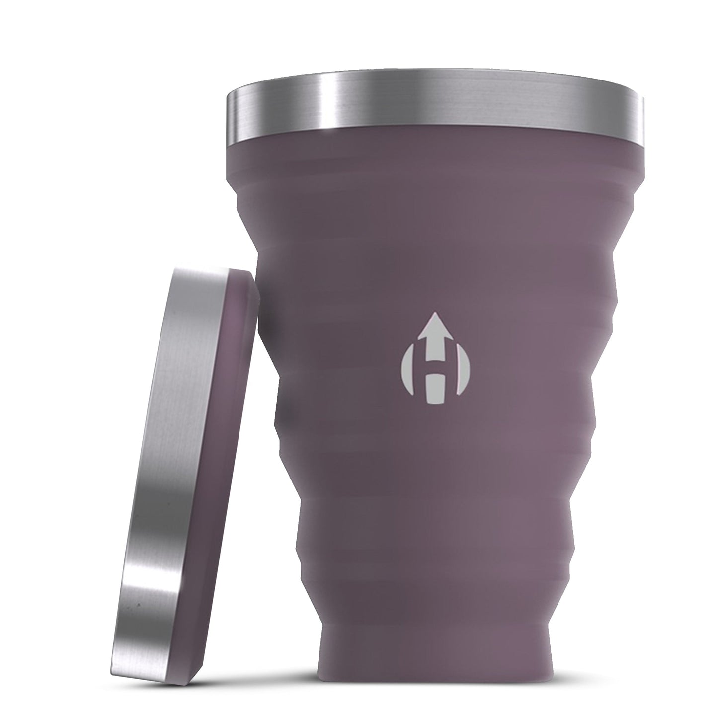 HYDAWAY 16oz collapsible pint cup in Ember color, shown expanded with lid propped beside it