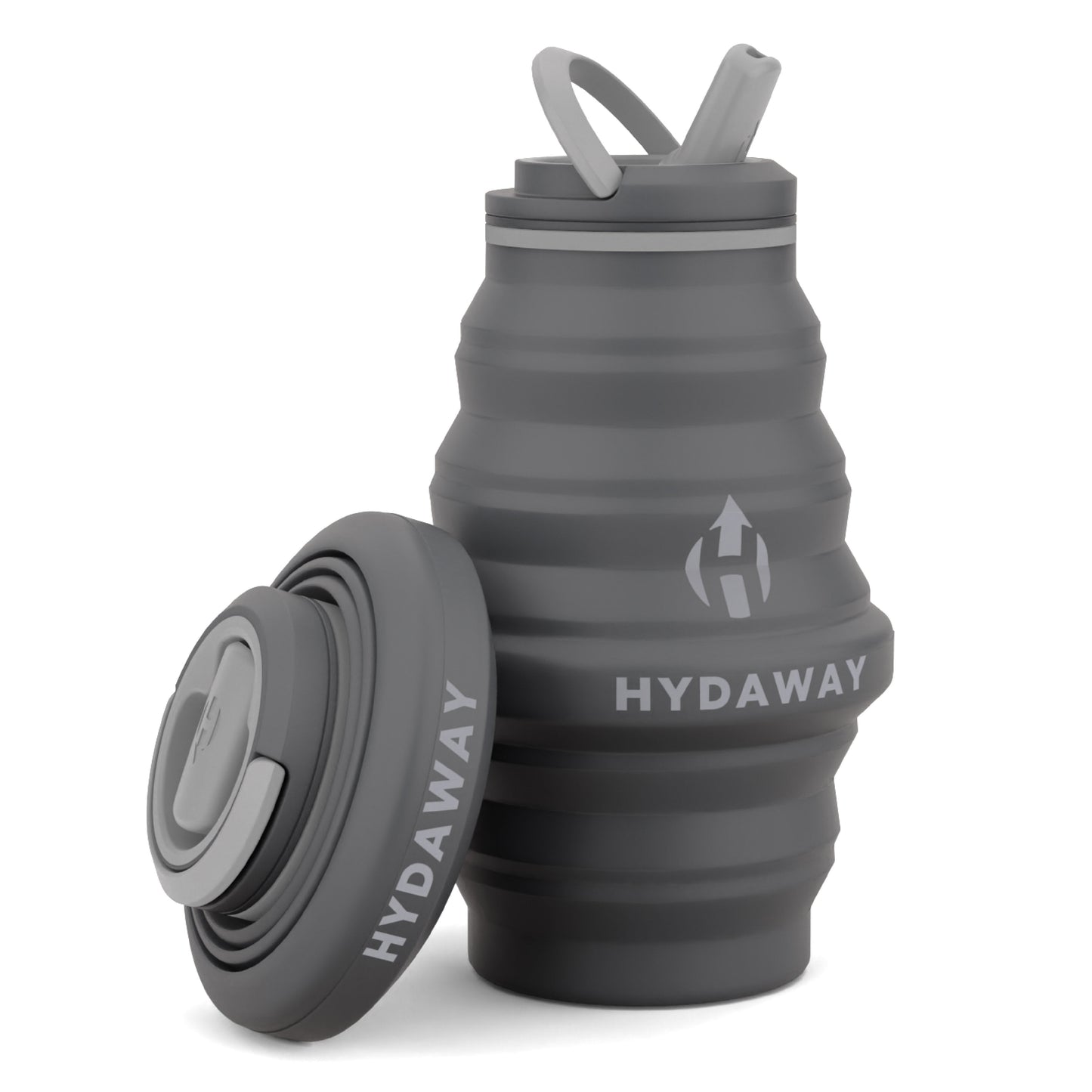 A gray HYDAWAY 17oz Collapsible Water Bottle from HYDAWAY Official Store is shown expanded with its lid off and straw visible, next to the collapsed, leakproof bottle with the lid on.