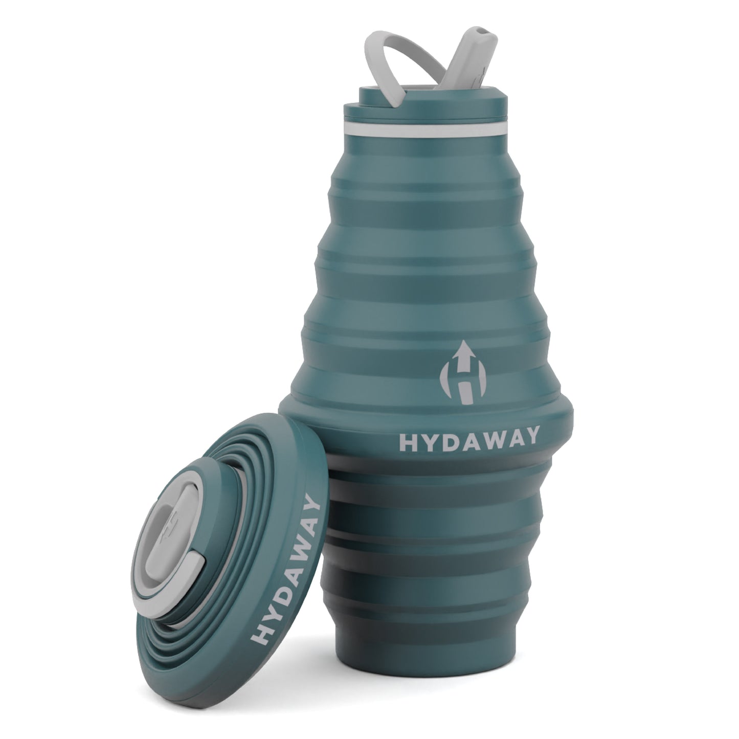 The HYDAWAY 25oz Collapsible Water Bottle from the HYDAWAY Official Store, in teal food-grade silicone with ridged sides and a gray spout, stands expanded with its lid beside it—perfect for hiking hydration.