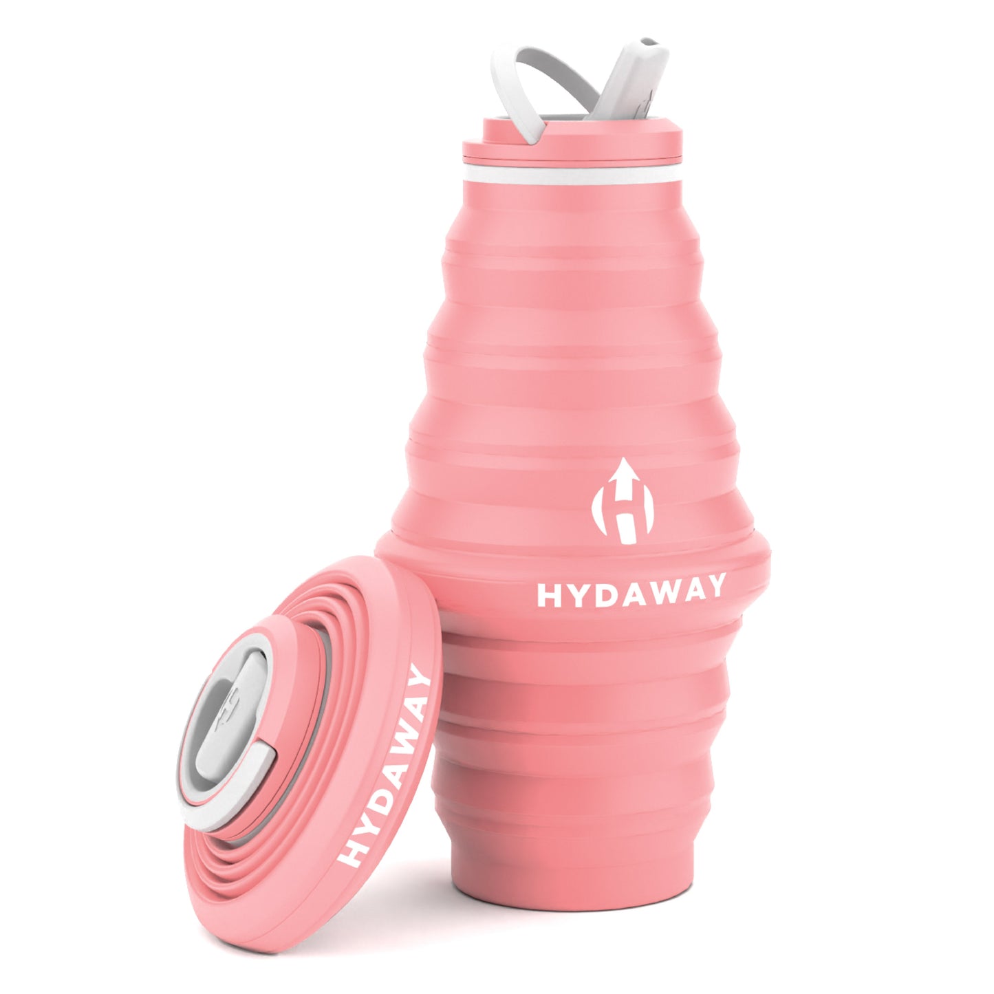 The HYDAWAY 25oz Collapsible Water Bottle from HYDAWAY Official Store, shown upright in pink food-grade silicone with an open lid and beside its collapsed, closed version, both display the white HYDAWAY logo.