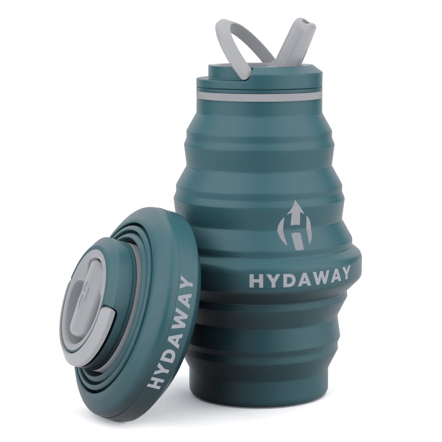 Two HYDAWAY 17oz Collapsible Water Bottles from HYDAWAY Official Store: one expanded with straw, the other BPA-free silicone bottle collapsed flat, both in blue.