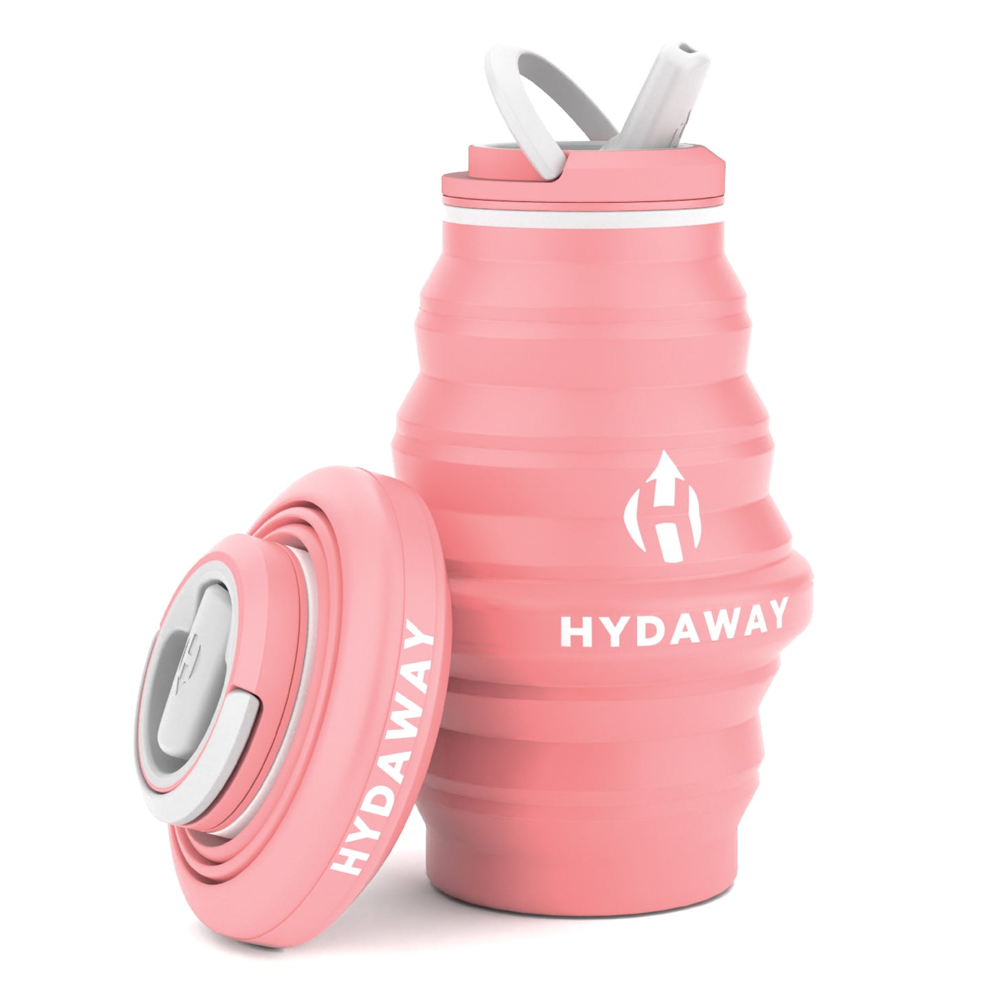 The HYDAWAY 17oz Collapsible Water Bottle from the HYDAWAY Official Store is pink, made of BPA-free silicone, and features a white HYDAWAY logo. Shown expanded with lid and straw, plus an extra branded lid beside it.