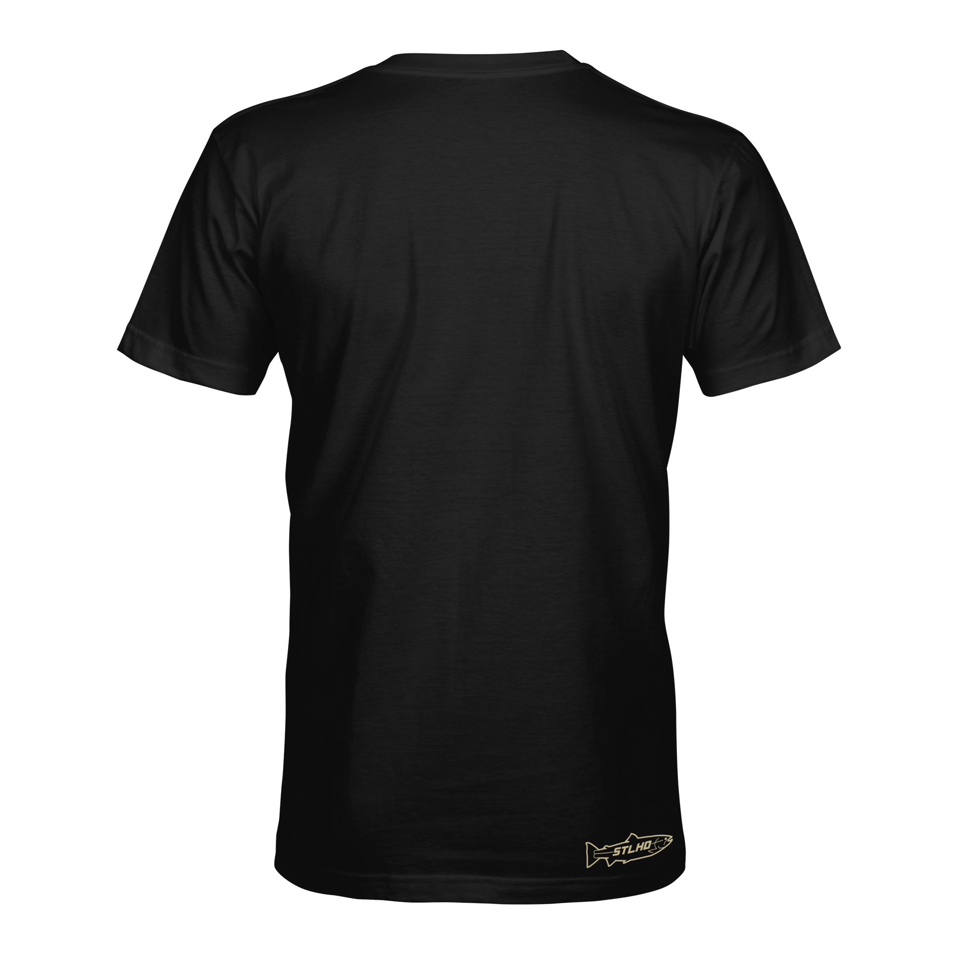 Back view of the STLHD GEAR King of the Mountain T-Shirt in plain black, featuring a small fish-shaped logo and FILMED near the bottom right hem—breathable and perfect for outdoor adventure.