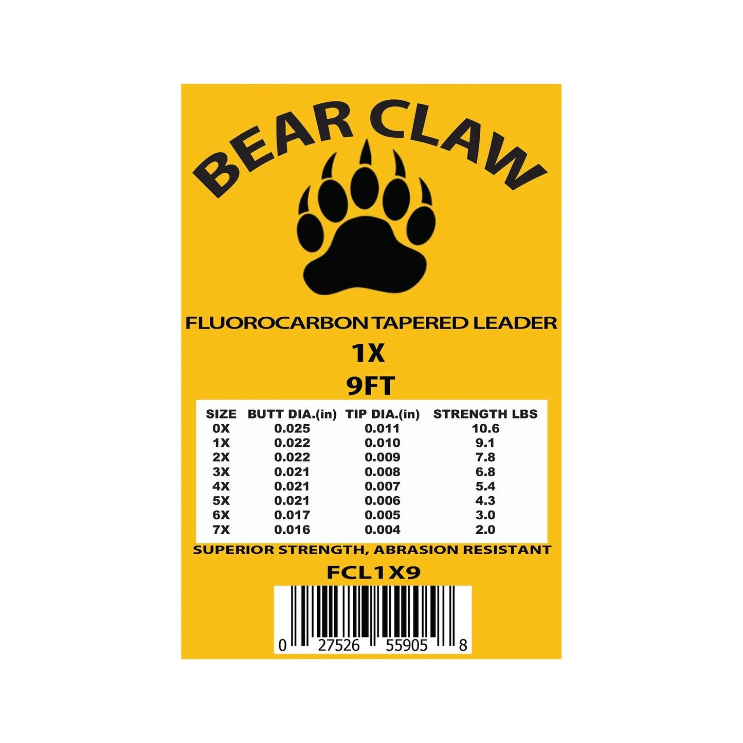 Jackson Hole Fly Company 9ft Fluoroflex Fluorocarbon Tapered Leader – 3 Pack in yellow packaging, features specs for trout fishing leaders with various diameters and strengths detailed on the label.
