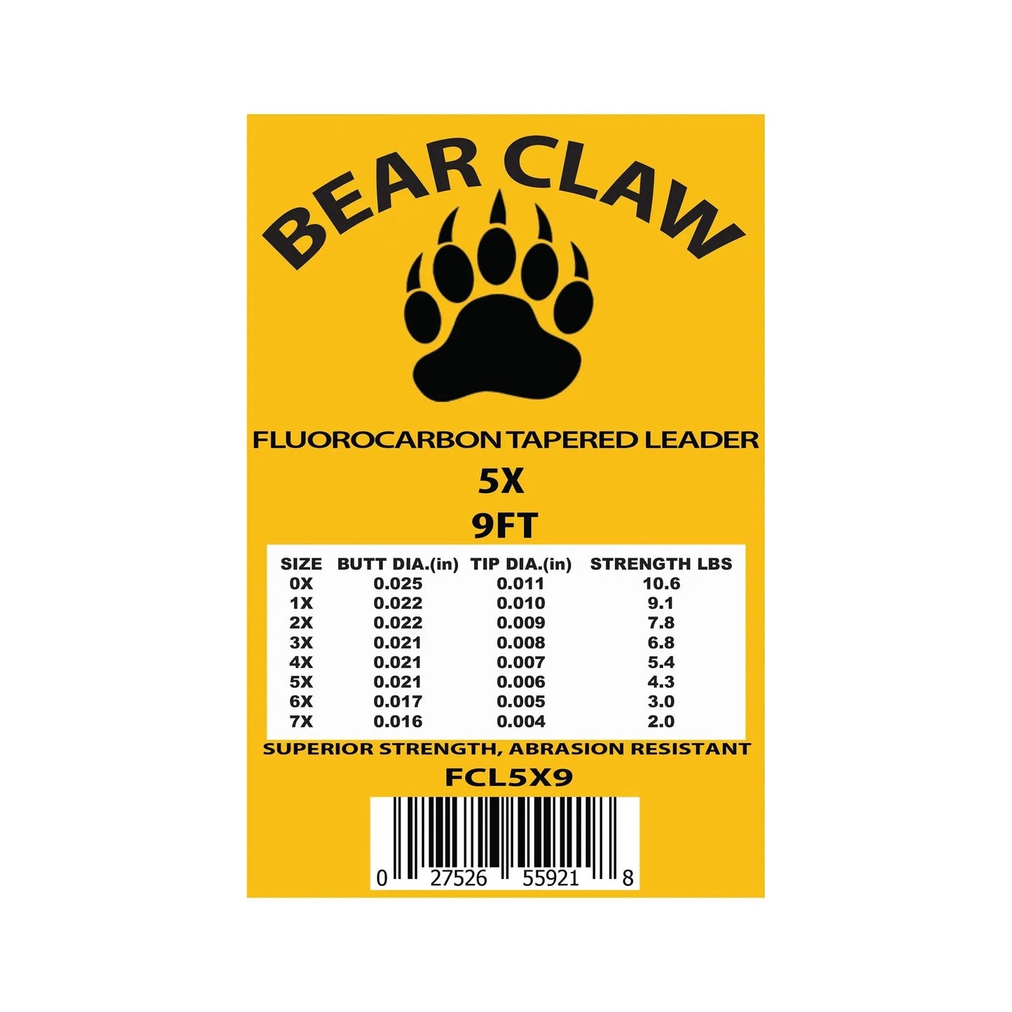 A yellow package labeled 9ft Fluoroflex Fluorocarbon Tapered Leader – 3 Pack from Jackson Hole Fly Company, featuring a black bear paw print. Chart below shows size, diameter, and strength specifications for trout fishing.