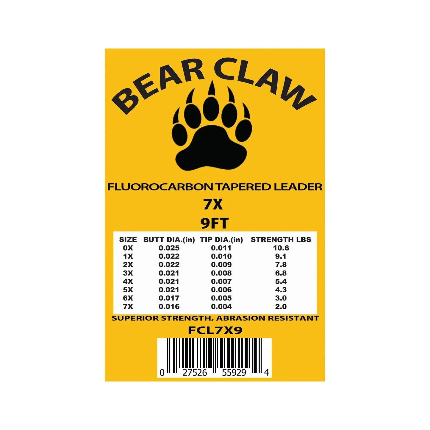 A yellow Jackson Hole Fly Company Bear Claw package features a black paw logo and is labeled “9ft Fluoroflex Fluorocarbon Tapered Leader – 3 Pack,” 7X—ideal for trout. A chart lists specs; barcode and code FCL7X9 are at the bottom.