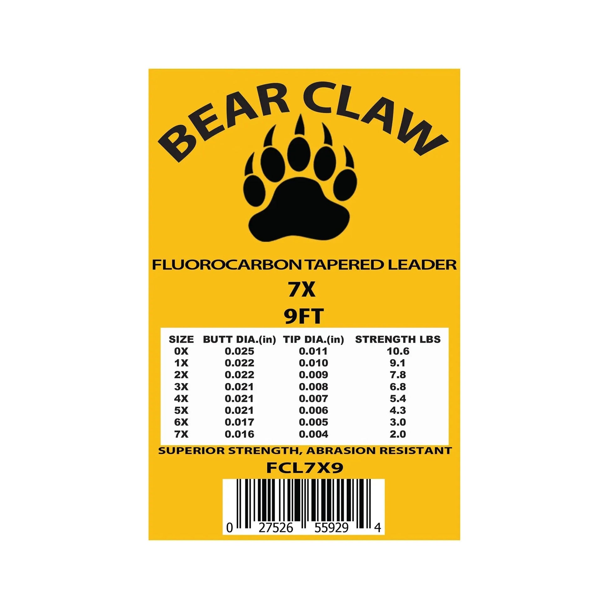 A yellow Jackson Hole Fly Company Bear Claw package features a black paw logo and is labeled “9ft Fluoroflex Fluorocarbon Tapered Leader – 3 Pack,” 7X—ideal for trout. A chart lists specs; barcode and code FCL7X9 are at the bottom.
