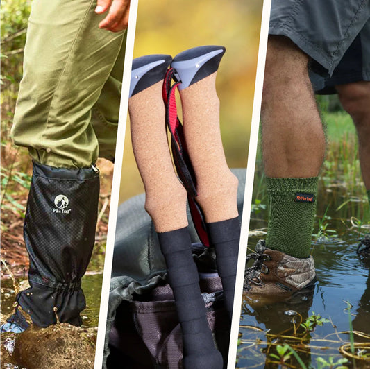 A collage features the Pike Trail “Hiker” Bundle: left, a person wears Pike Trail Leg Gaiters; center, Pike Trail carbon-fiber trekking poles with cork handles; right, a hiker stands in water wearing Pike Trail Waterproof Socks.