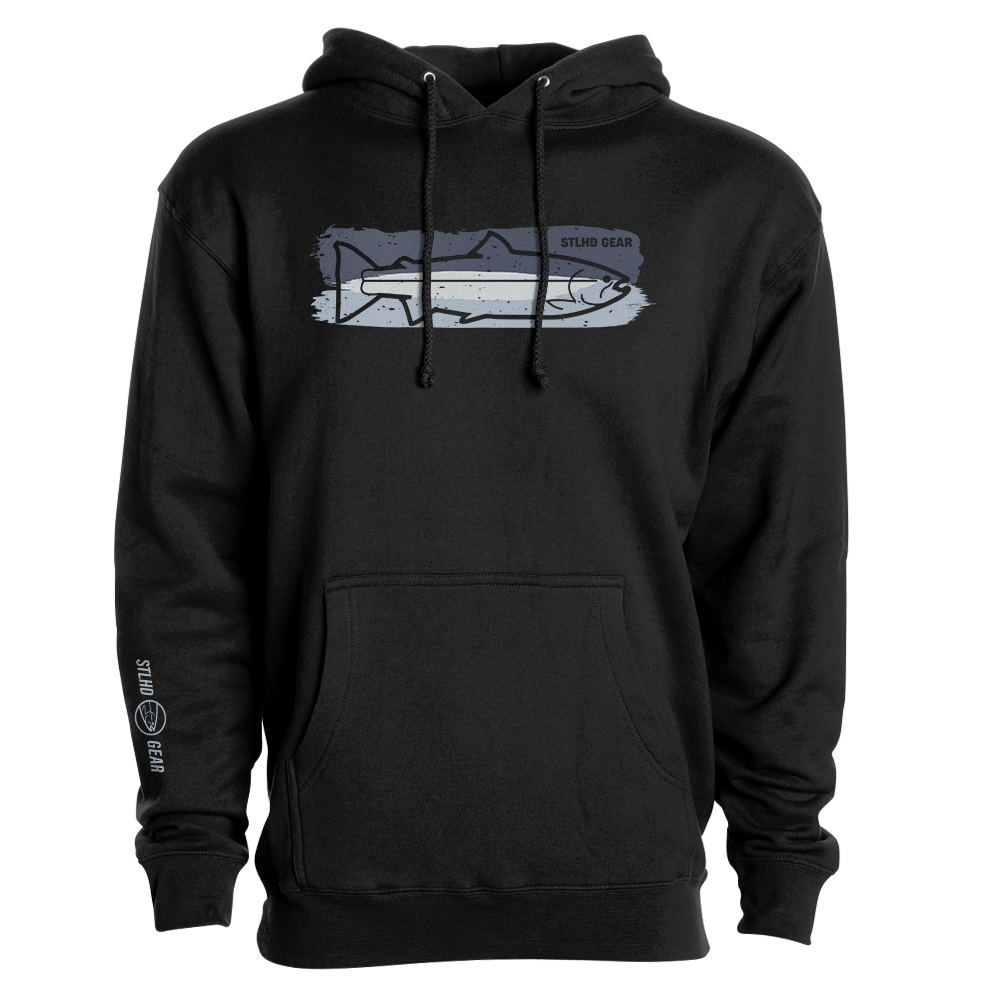 The STLHD Chrome Premium Hoodie by STLHD GEAR is a black, heavy-duty hoodie with a steelhead design on a blue-gray brushstroke chest background and white STLHD GEAR text near the left wrist.