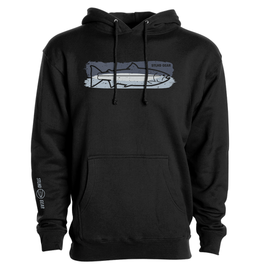 The STLHD Chrome Premium Hoodie by STLHD GEAR is a black, heavy-duty hoodie with a steelhead design on a blue-gray brushstroke chest background and white STLHD GEAR text near the left wrist.