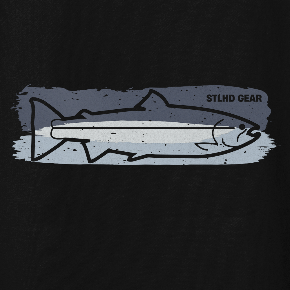 The STLHD Chrome Premium Hoodie by STLHD GEAR features a bold steelhead illustration with a white stripe, set on blue and gray brushstrokes. STLHD GEAR appears in the top right corner of the design.