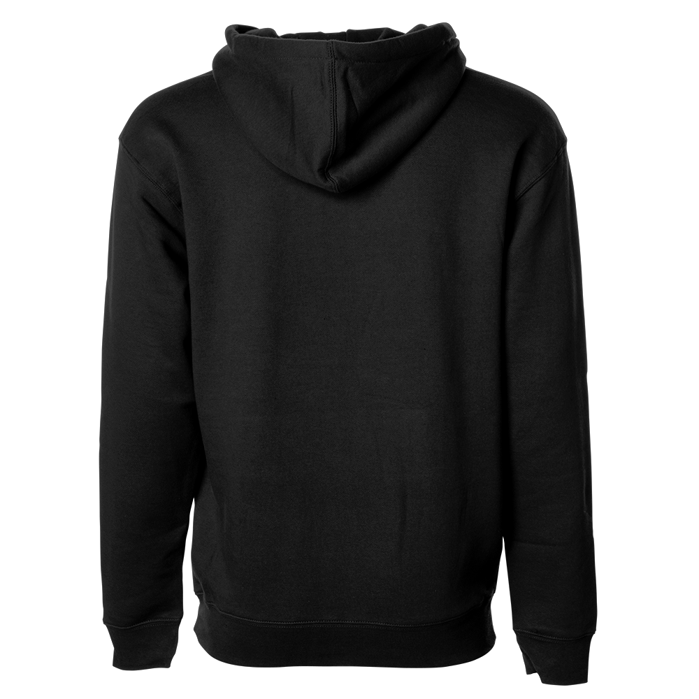 The STLHD GEAR Chrome Premium Hoodie is shown from the back, featuring long sleeves and a hood. The plain black fabric looks soft and durable, with no visible logos or designs.