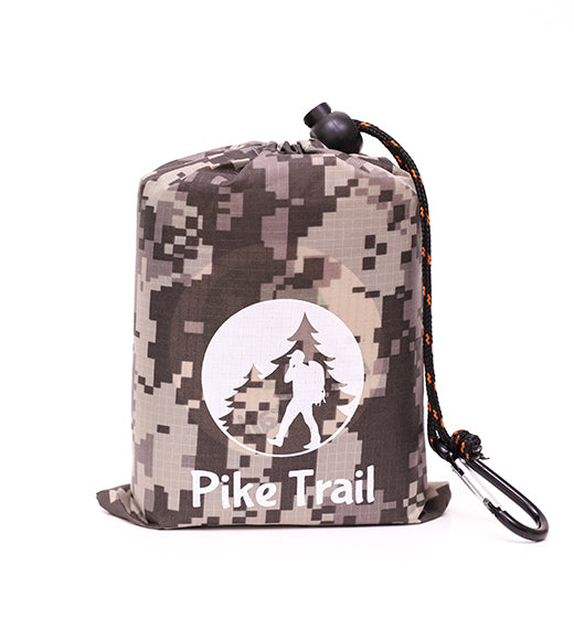 The Pike Trail Pocket Blanket comes in a compact, camo drawstring bag with a hiker logo and black-orange cord. Includes carabiner for easy transport—perfect for on-the-go adventures. Brand: Pike Trail.