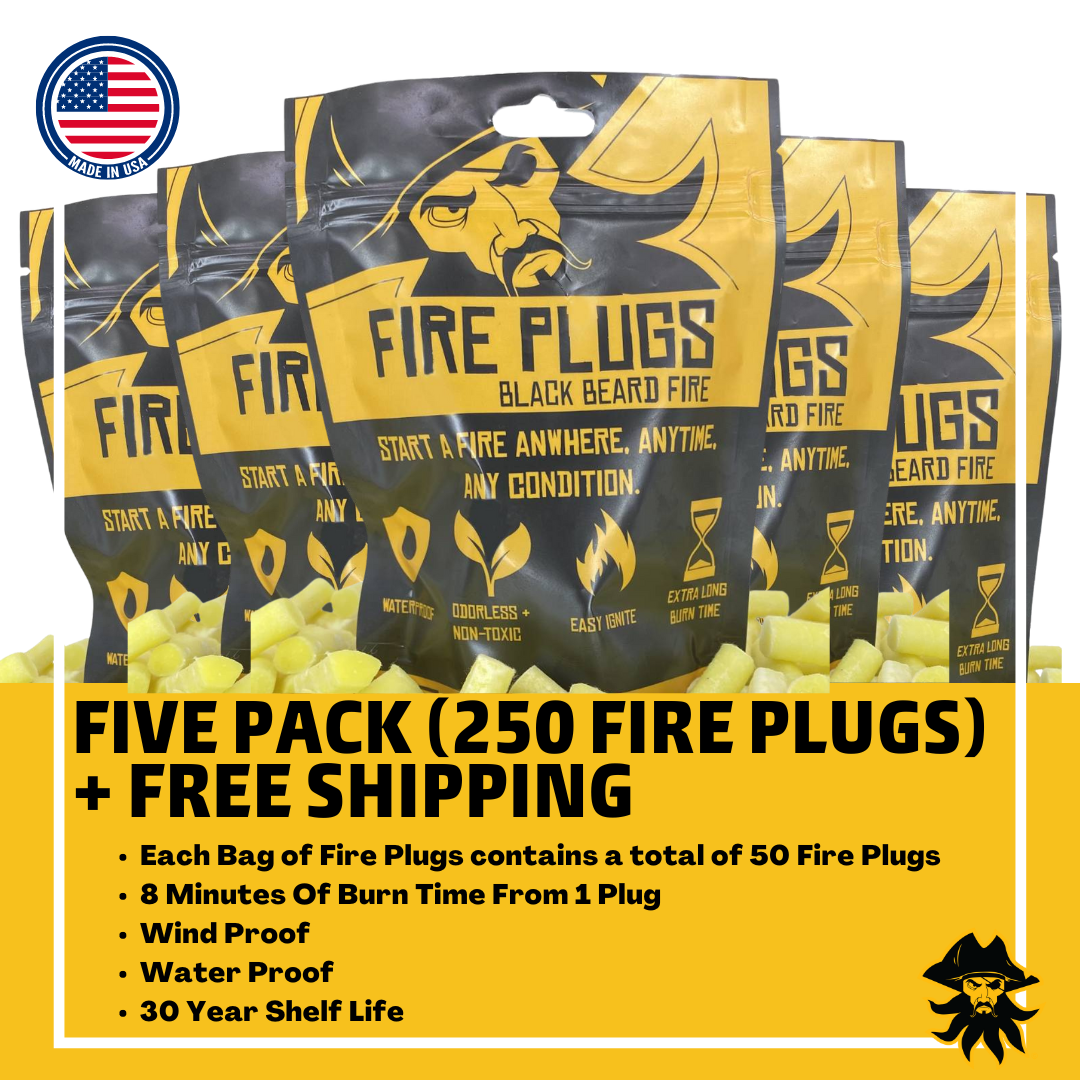 Five packs of Fire Plugs - Fire Starter Tinder by Black Beard Fire Starters are shown, featuring 250 waterproof plugs, windproof reliability, an 8-minute burn time, 30-year shelf life, and free shipping.