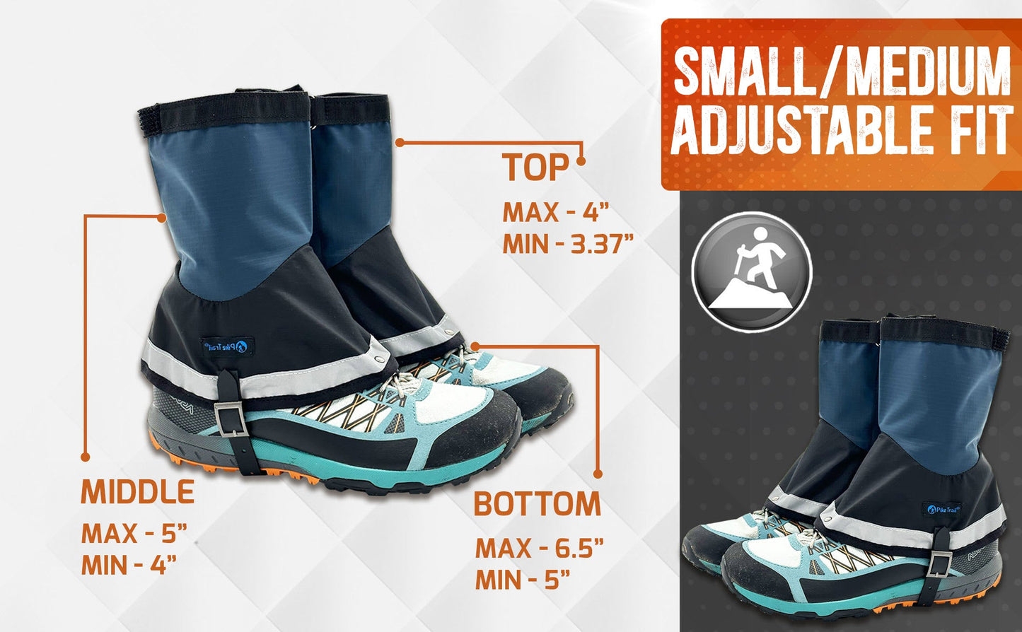 Pike Trail Mid-Length Gaiter in blue and black fits hiking shoes, with labeled fit ranges: top 4”–3.37”, middle 6.5”–4”, bottom 5”–3”. Small/Medium Adjustable Fit text shown on an orange background. Brand: Pike Trail.
