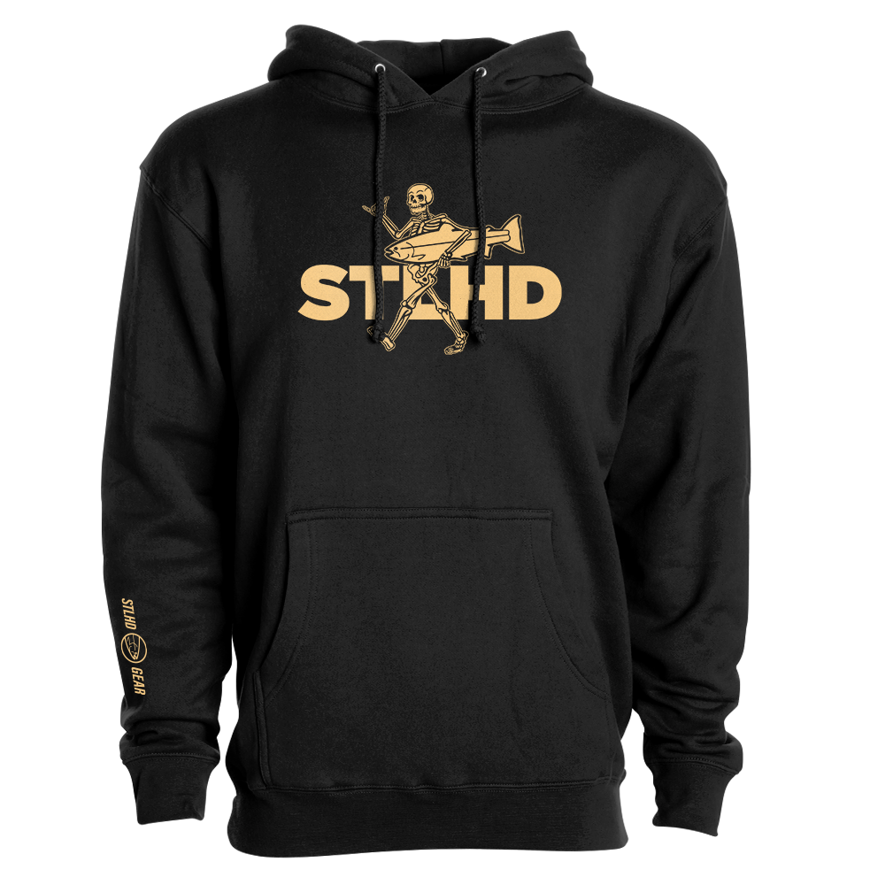 The STLHD Loosey Goosey Premium Hoodie by STLHD GEAR features ultra-soft black fleece, a gold skeleton-with-guitar graphic and STHD across the chest, right-sleeve gold details, relaxed fit, front pocket, and drawstrings.
