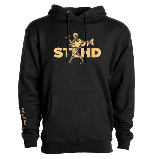 The STLHD Loosey Goosey Premium Hoodie by STLHD GEAR features ultra-soft black fleece, a gold skeleton-with-guitar graphic and STHD across the chest, right-sleeve gold details, relaxed fit, front pocket, and drawstrings.