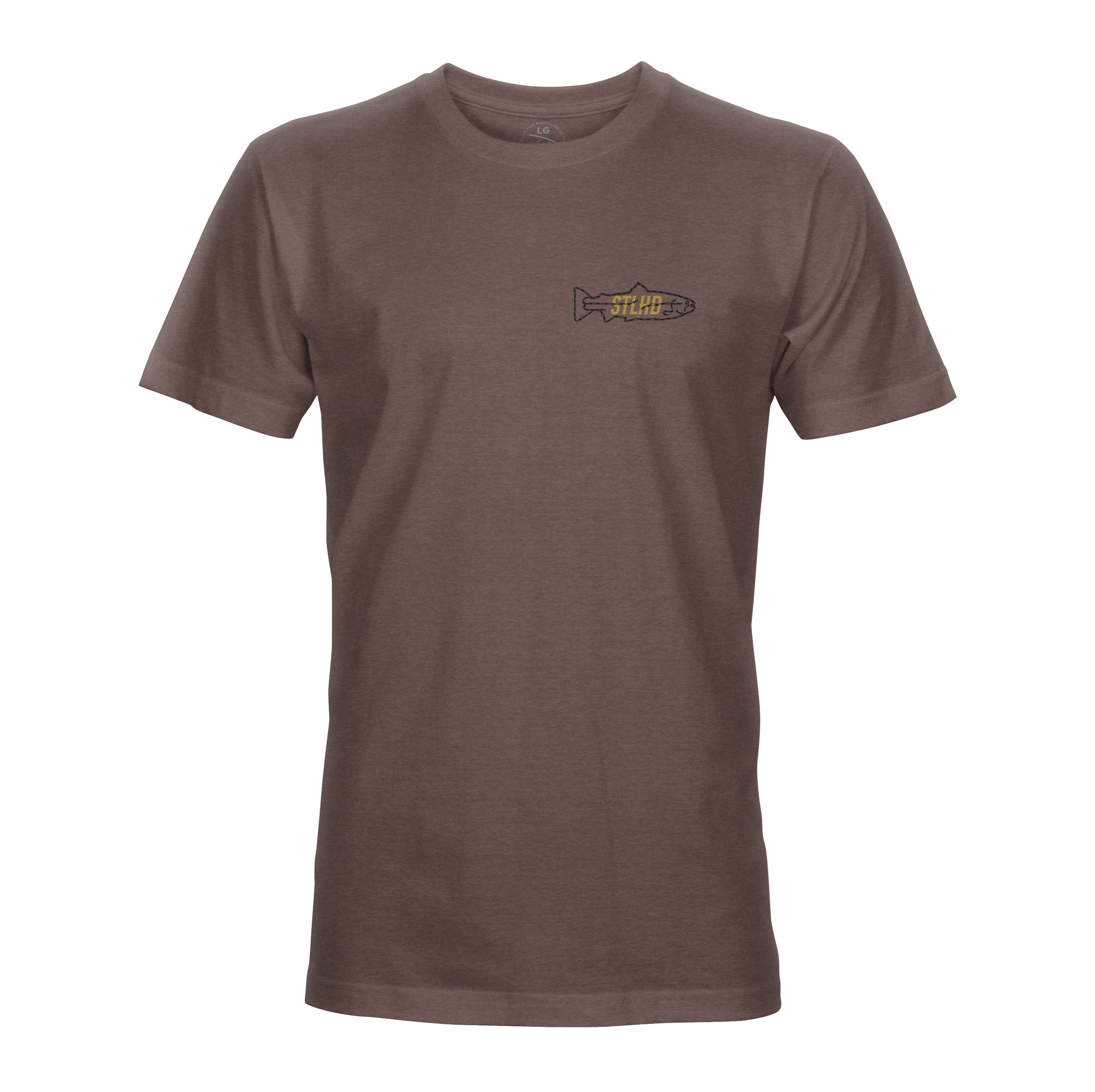 The STLHD GEAR Rancher T-Shirt is a plain brown short-sleeve tee with a small fish graphic and STUMP on the left chest, making it a breathable work shirt for those who Work Hard Fish Hard.