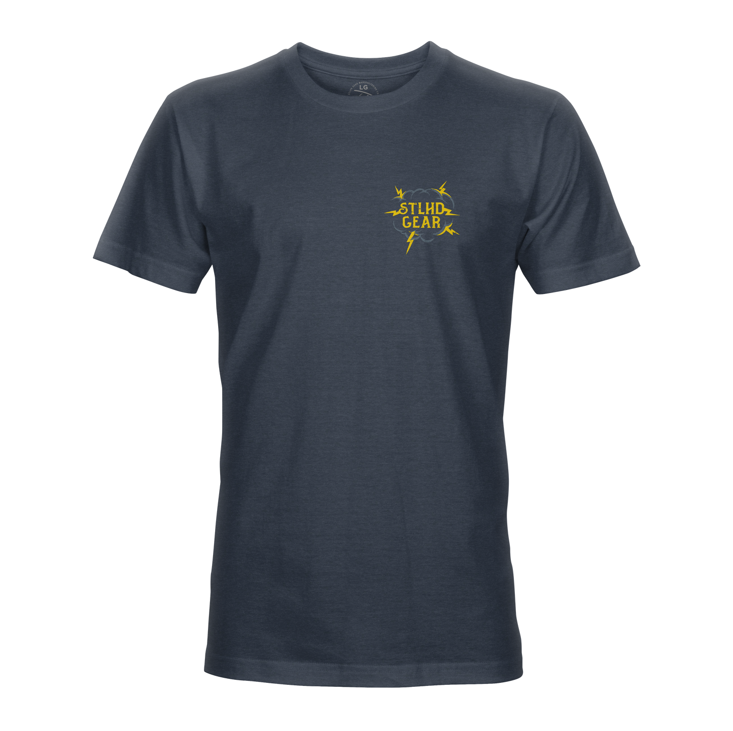 Navy blue t-shirt with a yellow STLHD GEAR logo on a white background