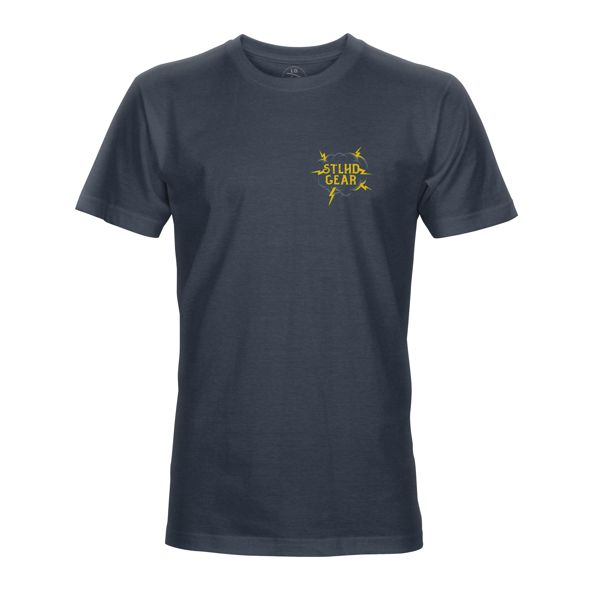 Navy blue t-shirt with a yellow STLHD GEAR logo on a white background