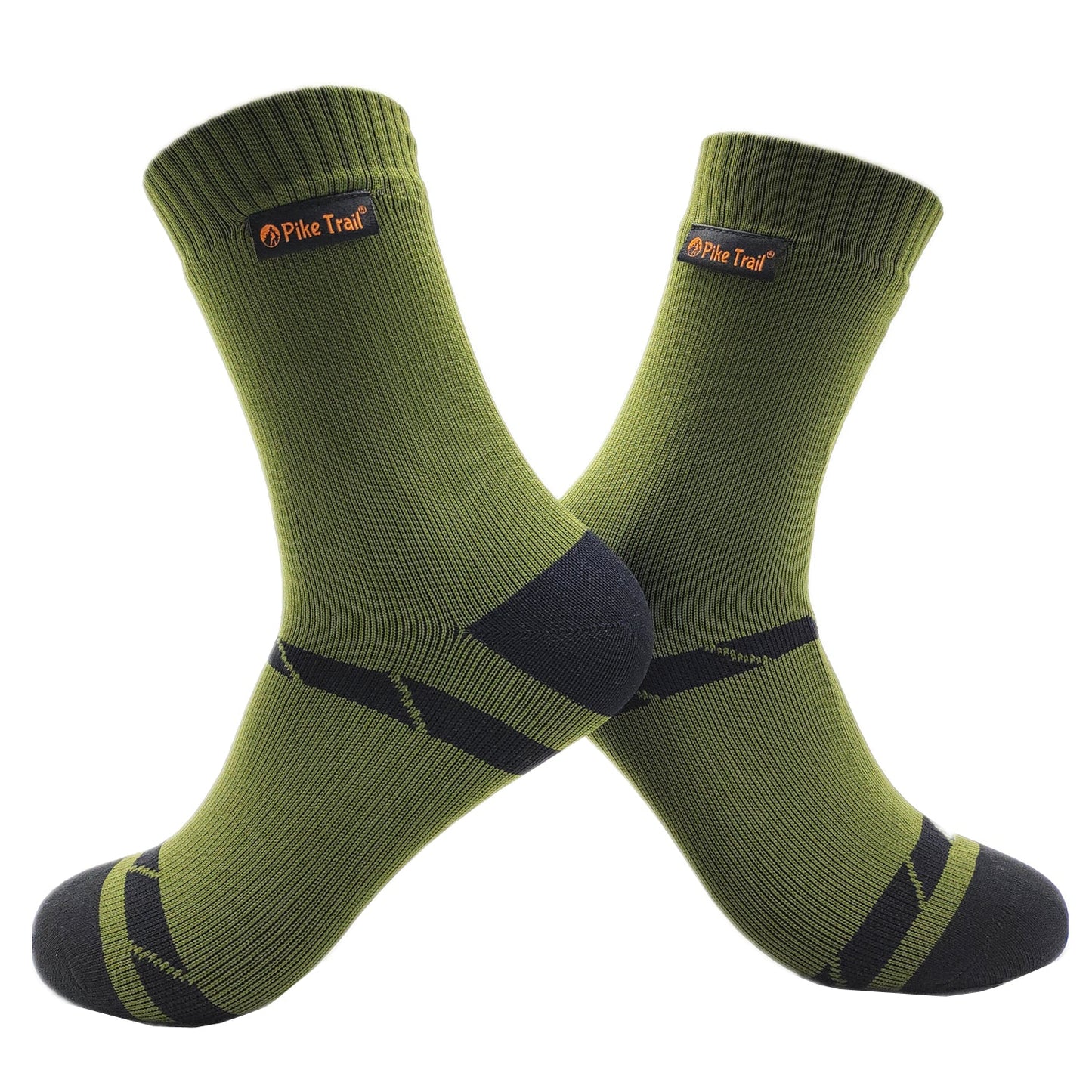 A pair of Pike Trail Waterproof Socks – Stay Dry, Stay Moving, in green and black with blister protection and the Pike Trail logo, are crossed at the ankles on a white background.