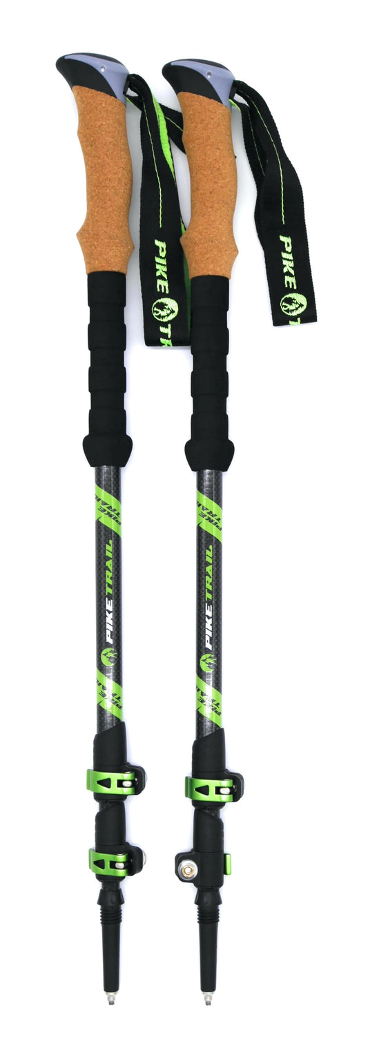 Pike Trail Carbon Fiber Trekking Poles: high performance black and green hiking sticks with cork handles, foam grips, adjustable PIKE TRAIL wrist straps, metal tips, and green clips for easy height adjustment.