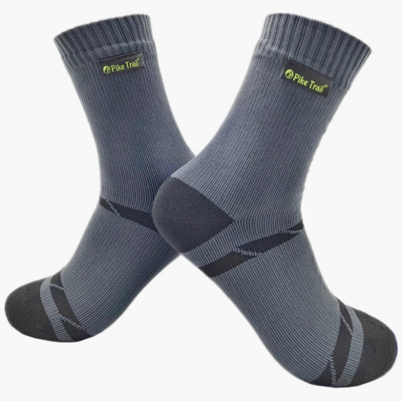 A pair of Pike Trail Waterproof Socks – Stay Dry, Stay Moving, in gray with dark gray accents and ribbed cuffs, designed for blister protection, are shown upright and crossed at the ankles against a white background.