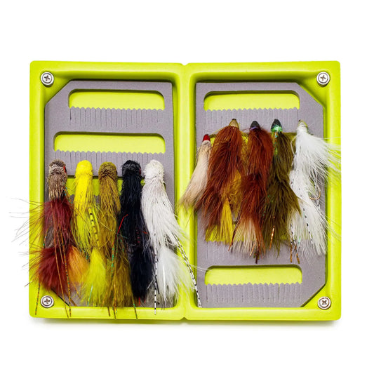 The Jackson Hole Fly Company JHFLYCO Loaded Foam Fly Box includes 10 assorted large streamers, all organized in a yellow rectangular box with gray foam—ideal for predator fly fishing.