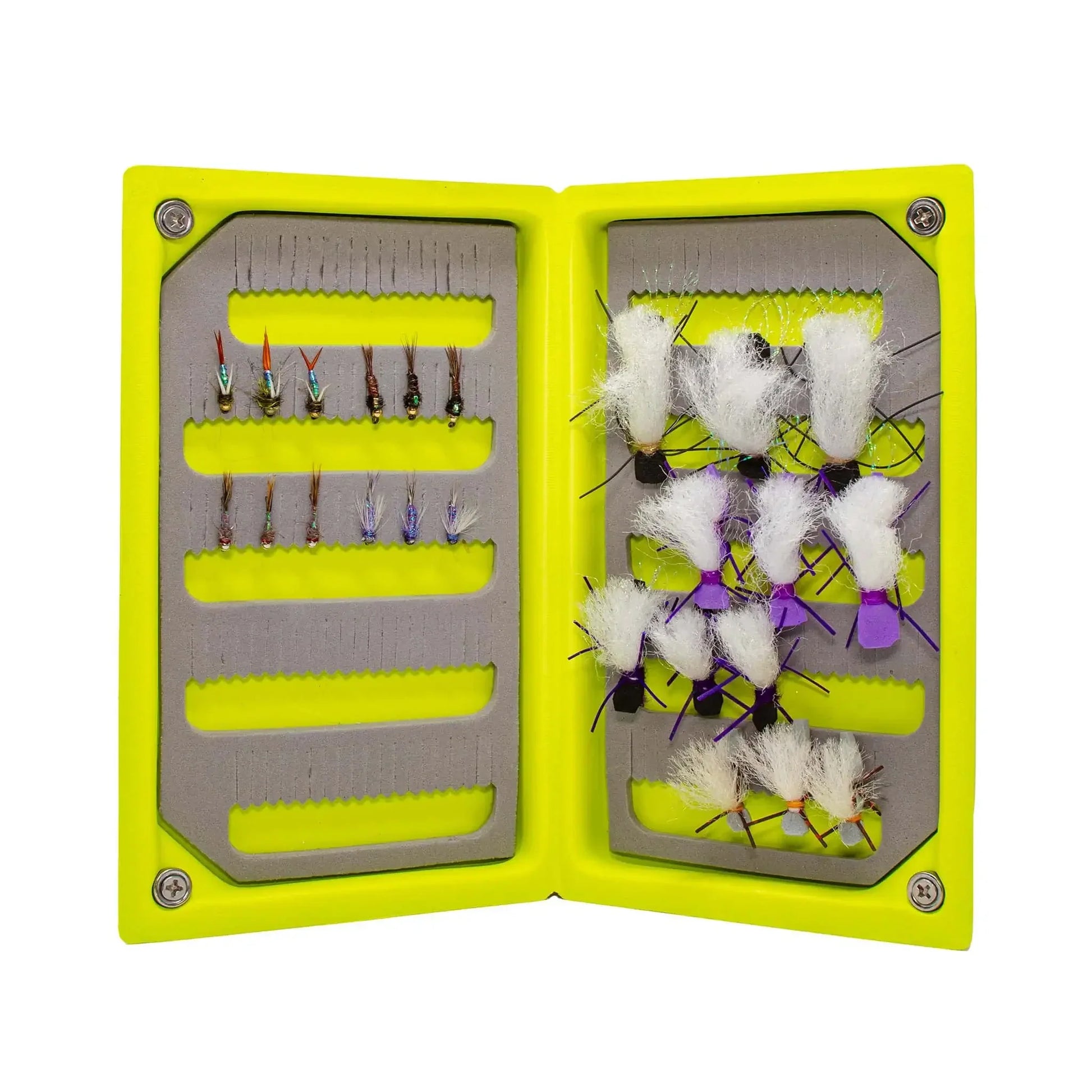 The JHFLYCO Loaded Foam Fly Box by Jackson Hole Fly Company displays two sections: small, neatly organized flies on the left and larger, bushier hopper dropper flies with white wings and colorful bodies on the right; includes 50m 4X Fluoroflex Tippet.