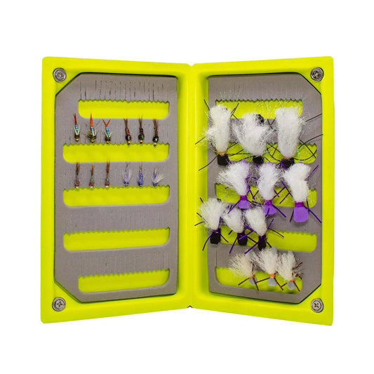 The JHFLYCO Loaded Foam Fly Box by Jackson Hole Fly Company displays two sections: small, neatly organized flies on the left and larger, bushier hopper dropper flies with white wings and colorful bodies on the right; includes 50m 4X Fluoroflex Tippet.