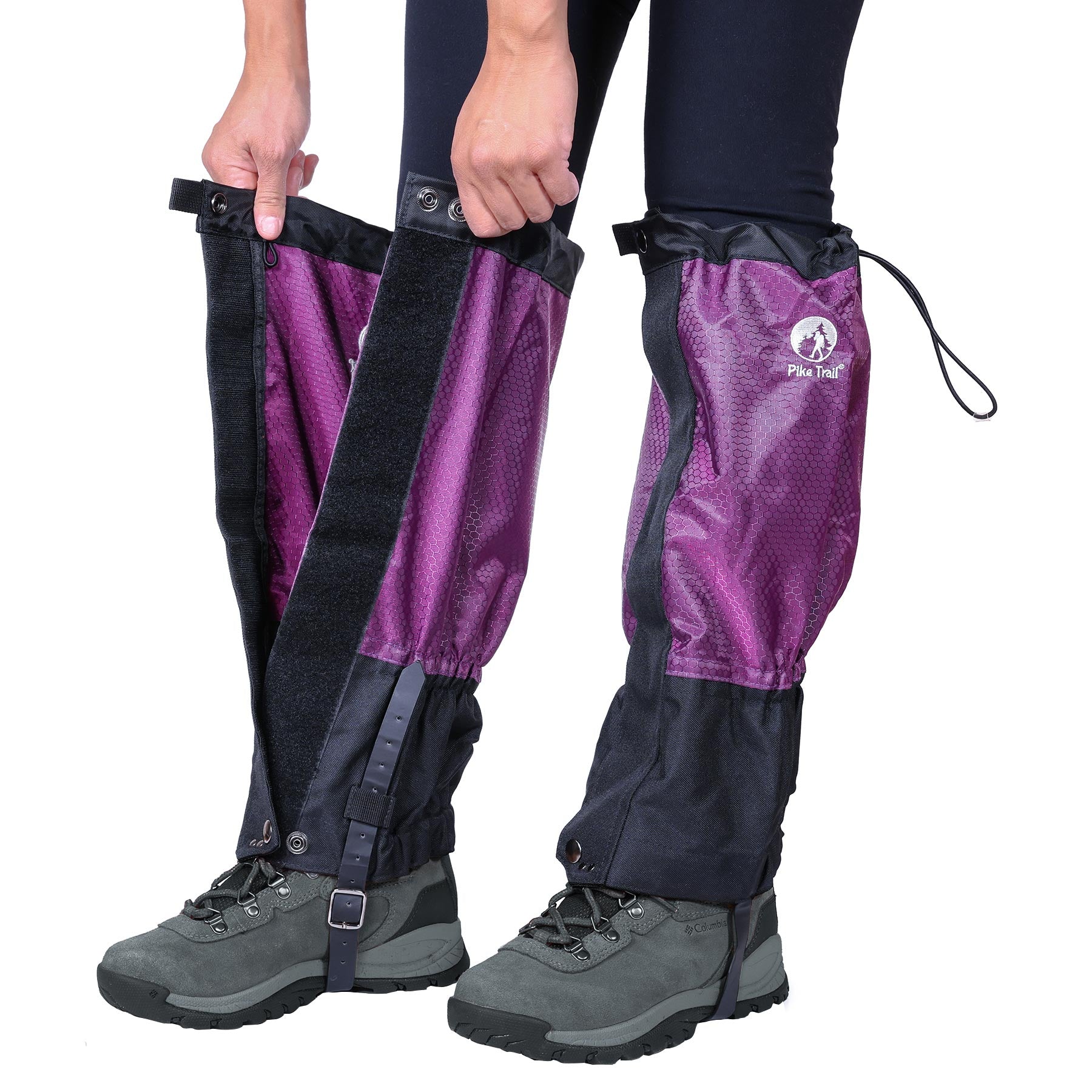 Someone wearing gray hiking boots is putting on Pike Trail All-Season Waterproof Leg Gaiters—built for the trail, the hunt, and more—which cover the lower legs for outdoor protection.