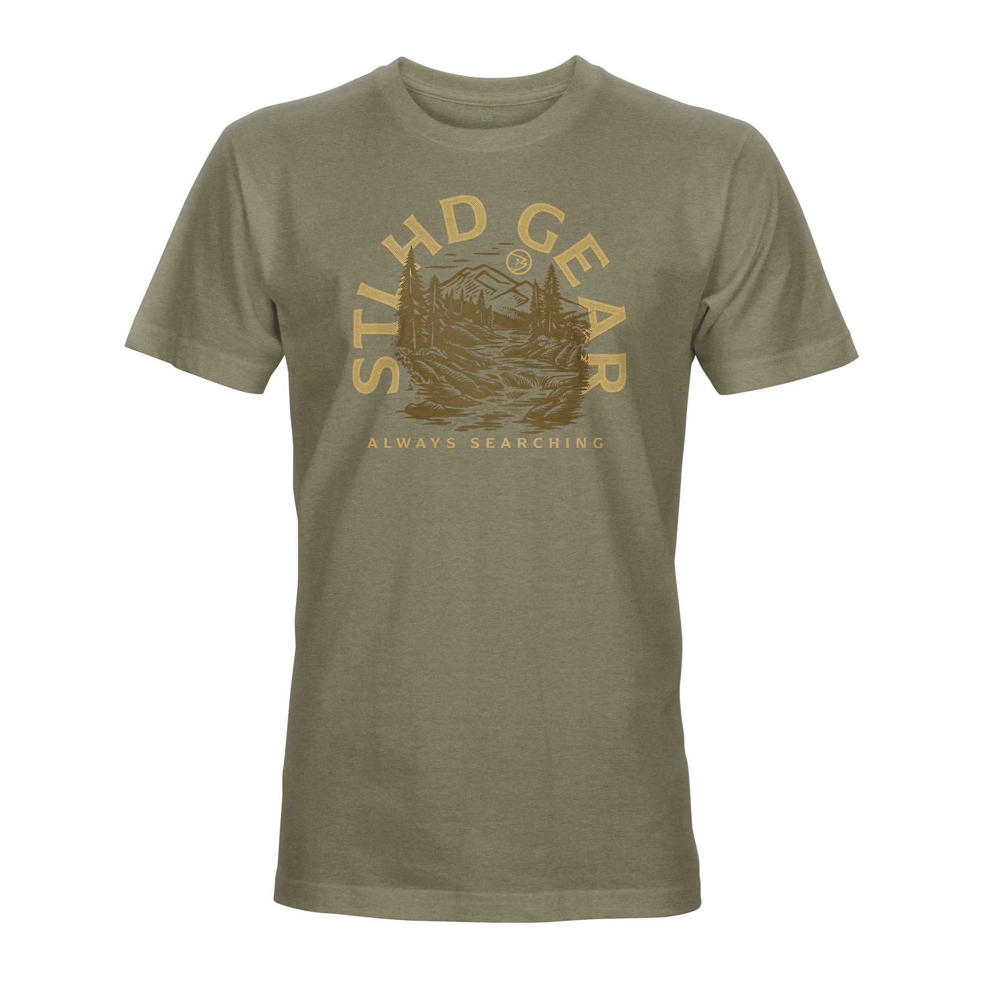 The STLHD Mountain View T-Shirt by STLHD GEAR is an olive green, breathable tee with a gold mountain, tree, and sun graphic. “STLHD GEAR” is above and “ALWAYS SEARCHING” below—ideal for outdoor adventure seekers.