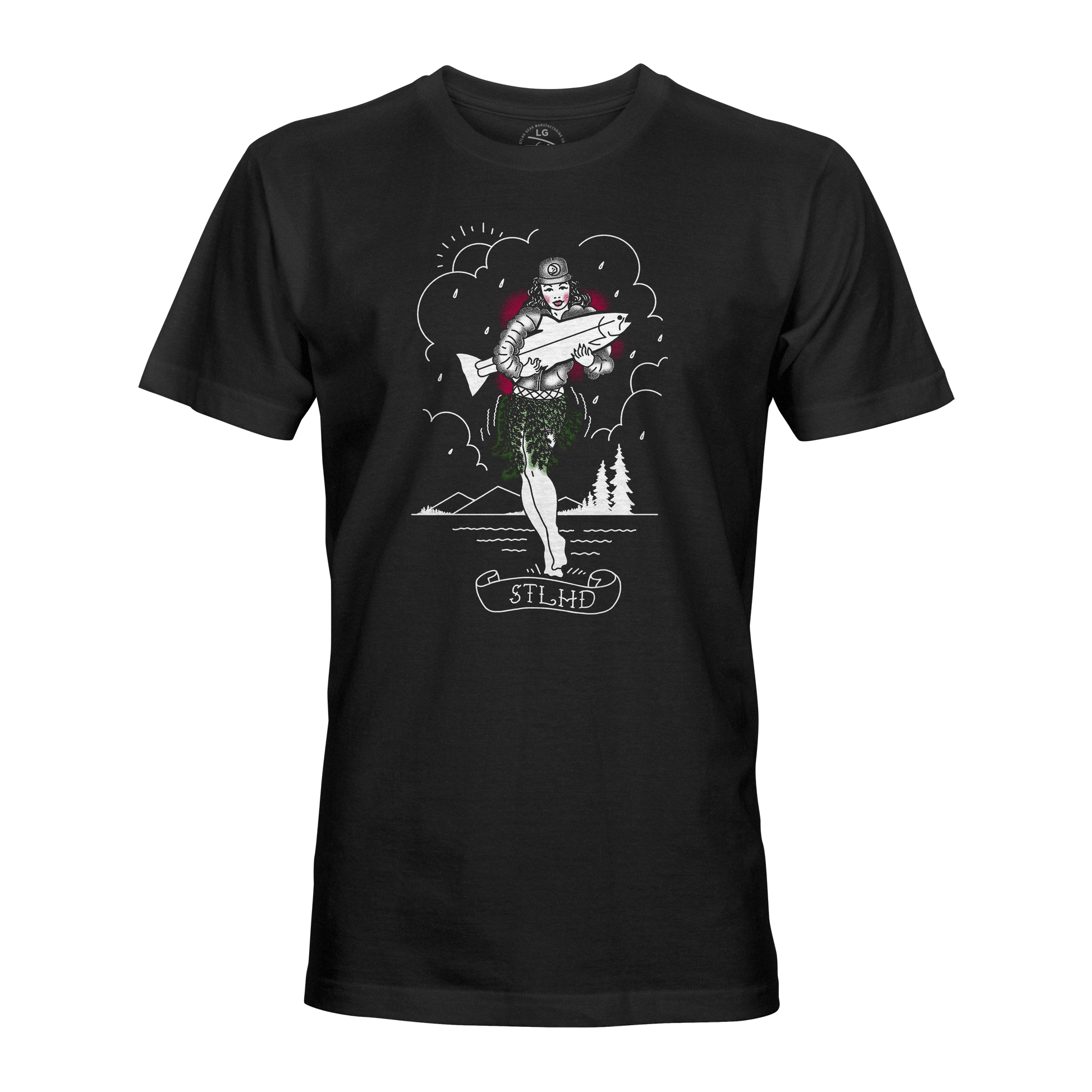 Black t-shirt with graphic design of a hula dancer holding a fish and trees with STLHD in script bellow. on a white background
