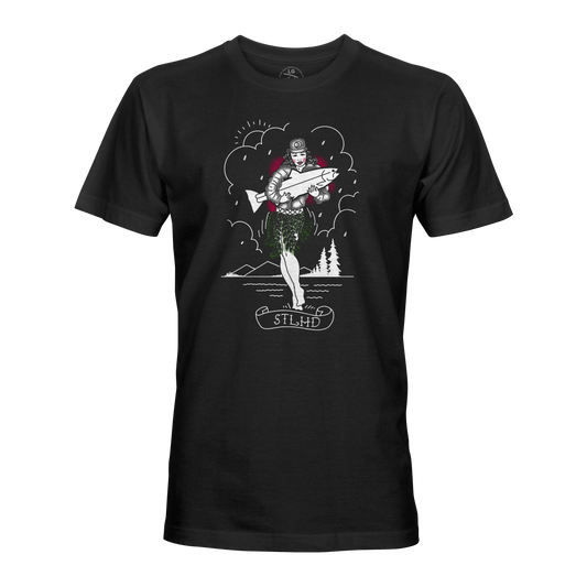 Black t-shirt with graphic design of a hula dancer holding a fish and trees with STLHD in script bellow. on a white background