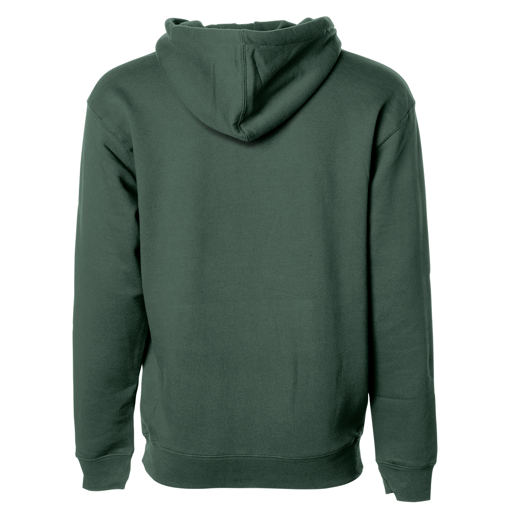 A plain forest green STLHD Mountain View Premium Hoodie by STLHD GEAR is shown from the back with long sleeves, a relaxed fit, and the hood up. This durable outdoor hoodie has no visible logos, patterns, or designs.