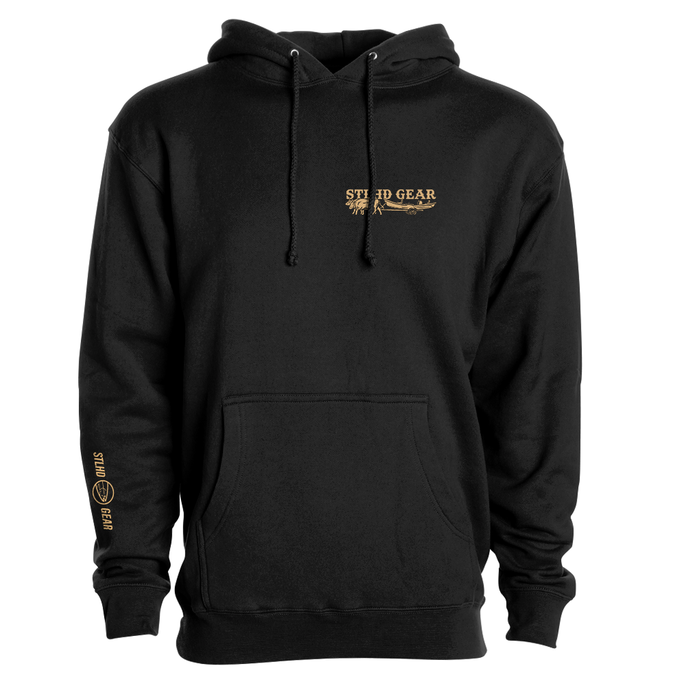 Black hoodie with gold STLHD Gear logo and text on a white background