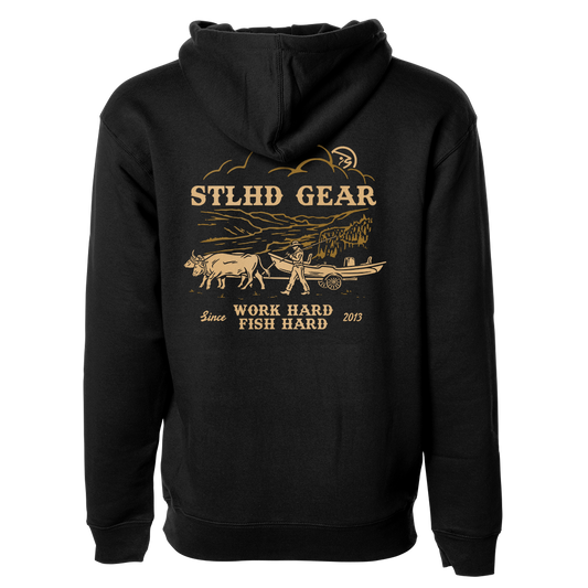 Black hoodie with gold STLHD Gear WORK HARD FISH HARD graphic and text on a white background