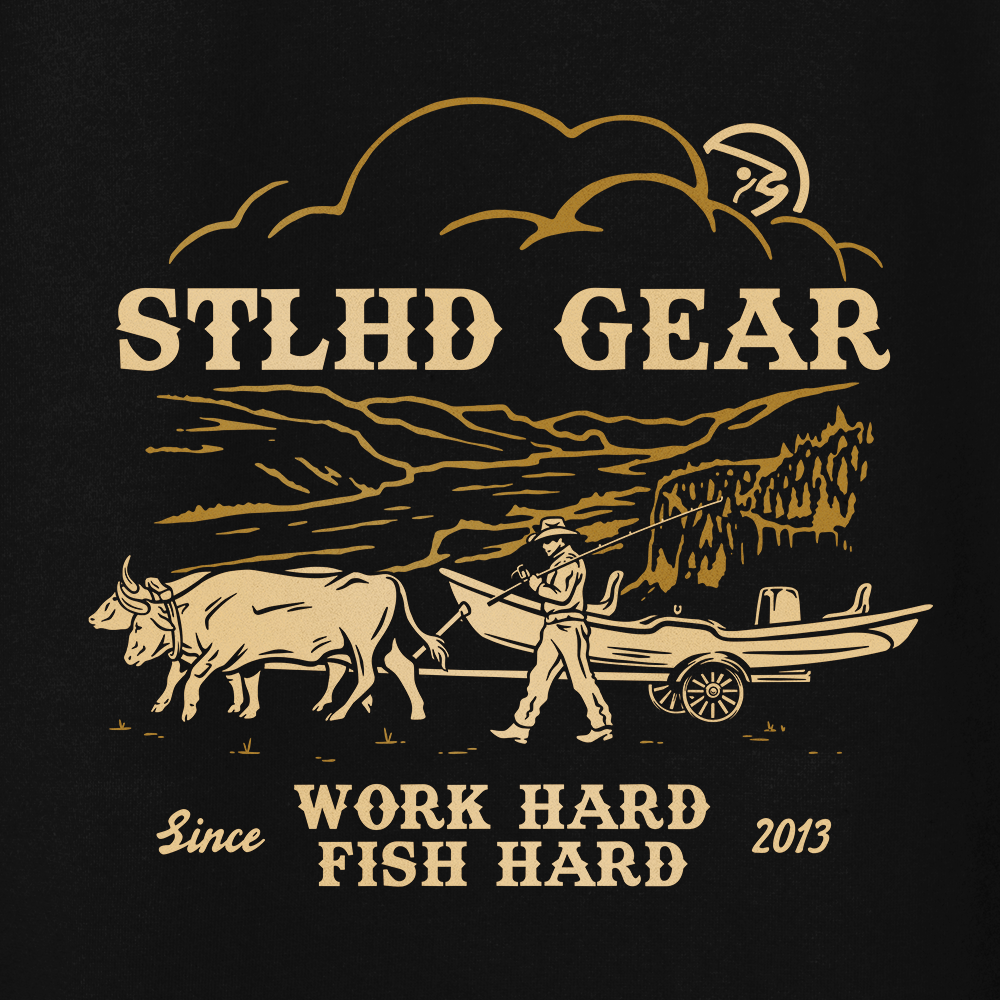 Vintage-style graphic STLHD Gear WORK HARD FISH HARD on a black background with 'STLHD GEAR' text.