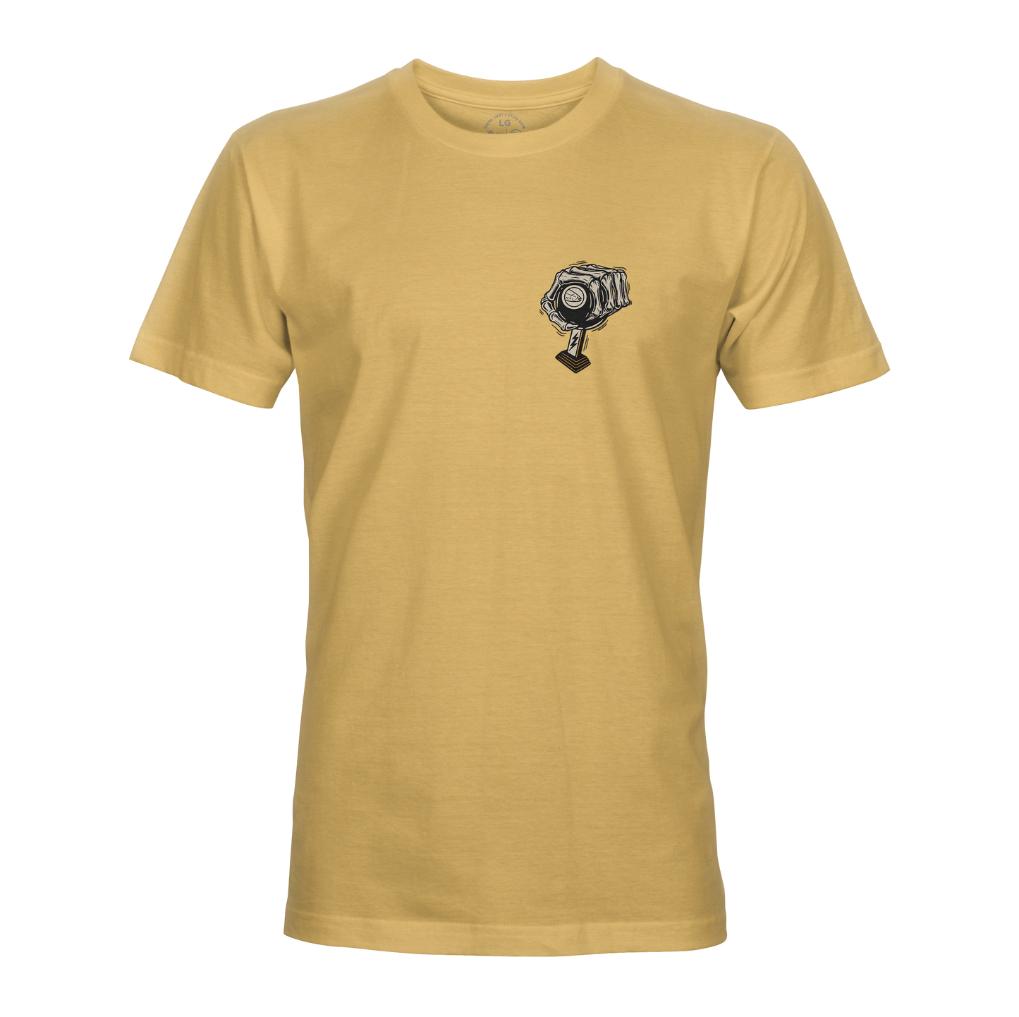 The STLHD Race Ya T-Shirt by STLHD GEAR comes in mustard yellow and features a small, detailed vintage film camera on the left chest. Shown flat on a white background, this shirt offers breathable comfort.