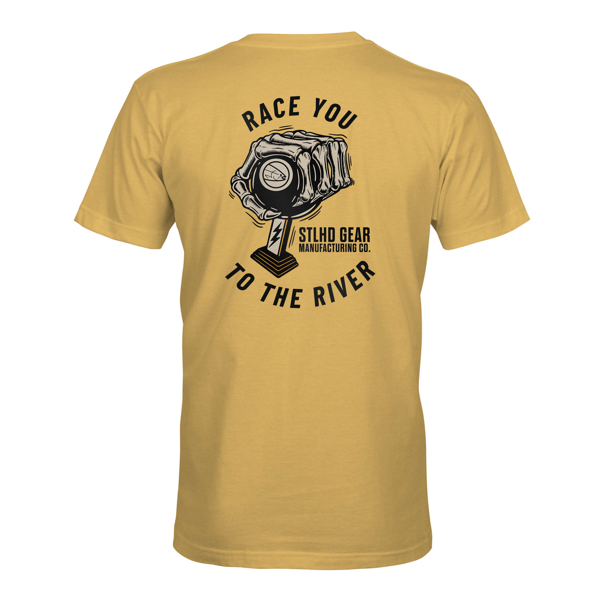 The STLHD Race Ya T-Shirt by STLHD GEAR features a graphic engine piston and crankshaft on the back, bold “RACE YOU TO THE RIVER.” and “STLHD GEAR MANUFACTURING CO.” text, and offers breathable comfort for any adventure.
