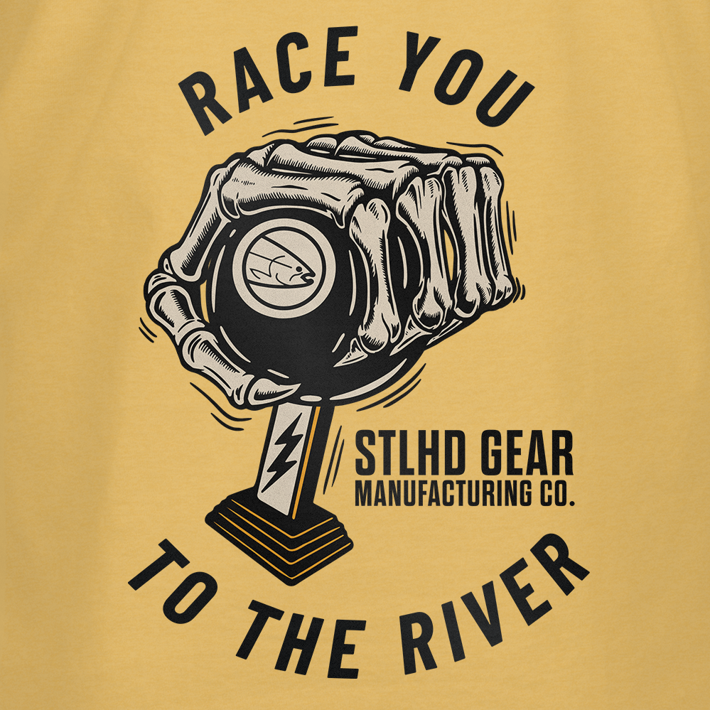 Illustration of a hand gripping a fish-themed gear shift with RACE YOU TO THE RIVER and STLHD GEAR, printed on yellow—pairs perfectly with your STLHD Race Ya T-Shirt by STLHD GEAR.