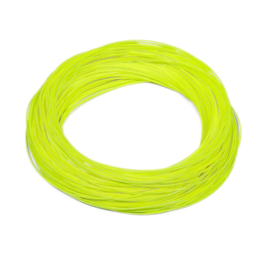 A coiled bundle of bright yellow-green Jackson Hole Fly Company Silvertip Double Taper Fly Line is arranged in a loose circle on a white background.