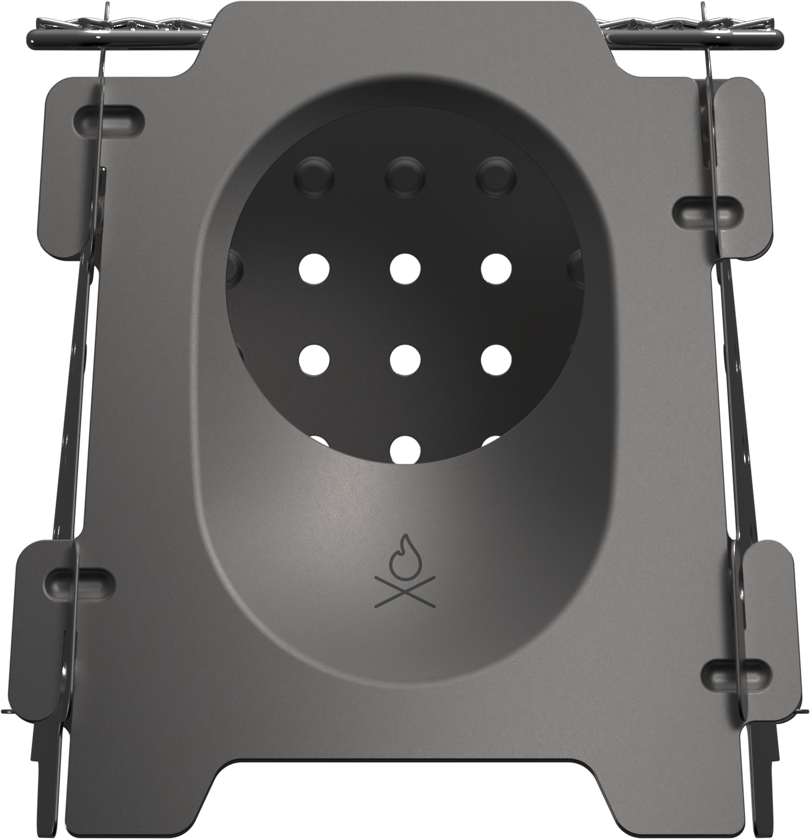 A top-down view of the Überleben Stöker Flatpack Stove by Überleben, a compact, portable camp stove with a round perforated center for airflow, foldable side panels, and a flame icon etched on the surface.