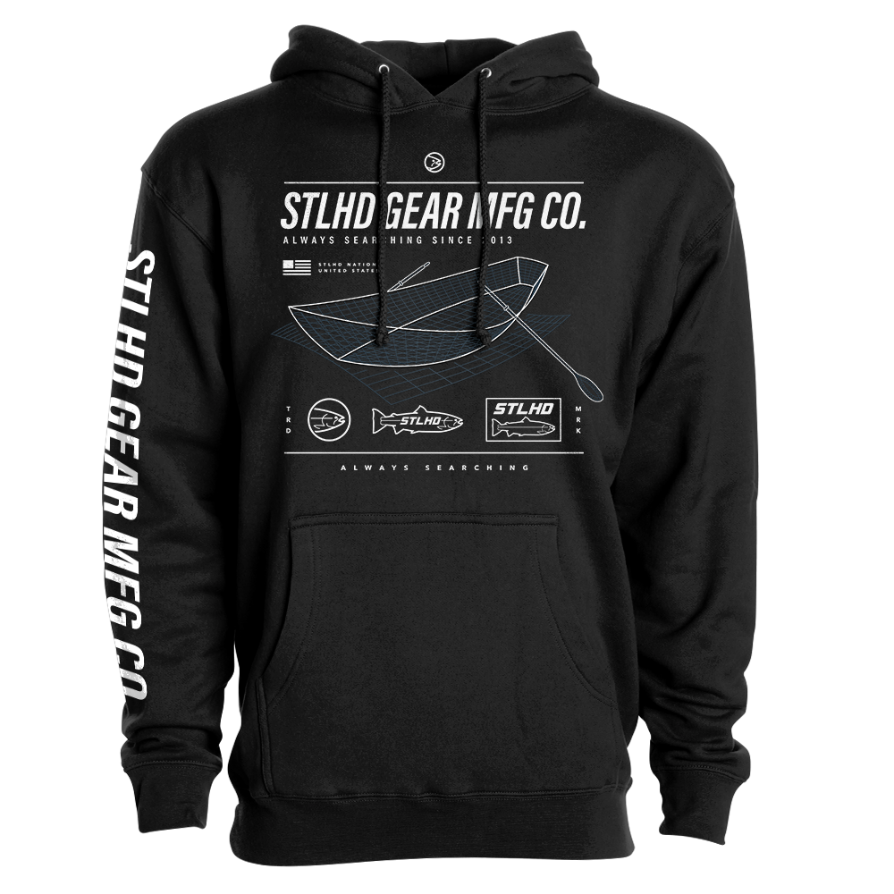 The STLHD GEAR Tech Spec Premium Hoodie features fish, lure, and line graphics plus Always Searching Since 2013 on the front. Made from durable heavyweight fleece, it has STLHD GEAR printed in white on the chest and sleeve.