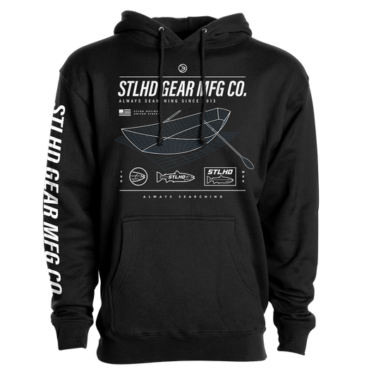 The STLHD GEAR Tech Spec Premium Hoodie features fish, lure, and line graphics plus Always Searching Since 2013 on the front. Made from durable heavyweight fleece, it has STLHD GEAR printed in white on the chest and sleeve.