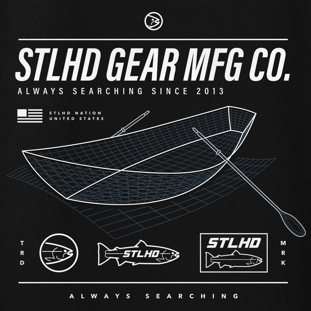 The STLHD Tech Spec Premium Hoodie by STLHD GEAR features bold STLHD GEAR MFG CO. text, a 3D rowboat and oar outline, fish logos, and Always Searching Since 2013 on heavyweight fleece with a black background.
