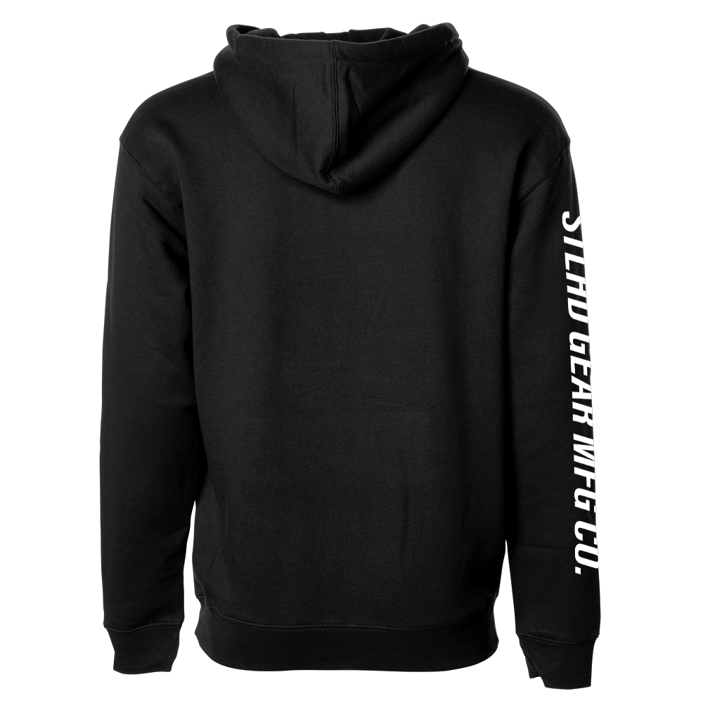 A black STLHD Tech Spec Premium Hoodie by STLHD GEAR, shown from the back, features a hood and white vertical “STARD GEAR MFG CO.” text printed along the right sleeve.